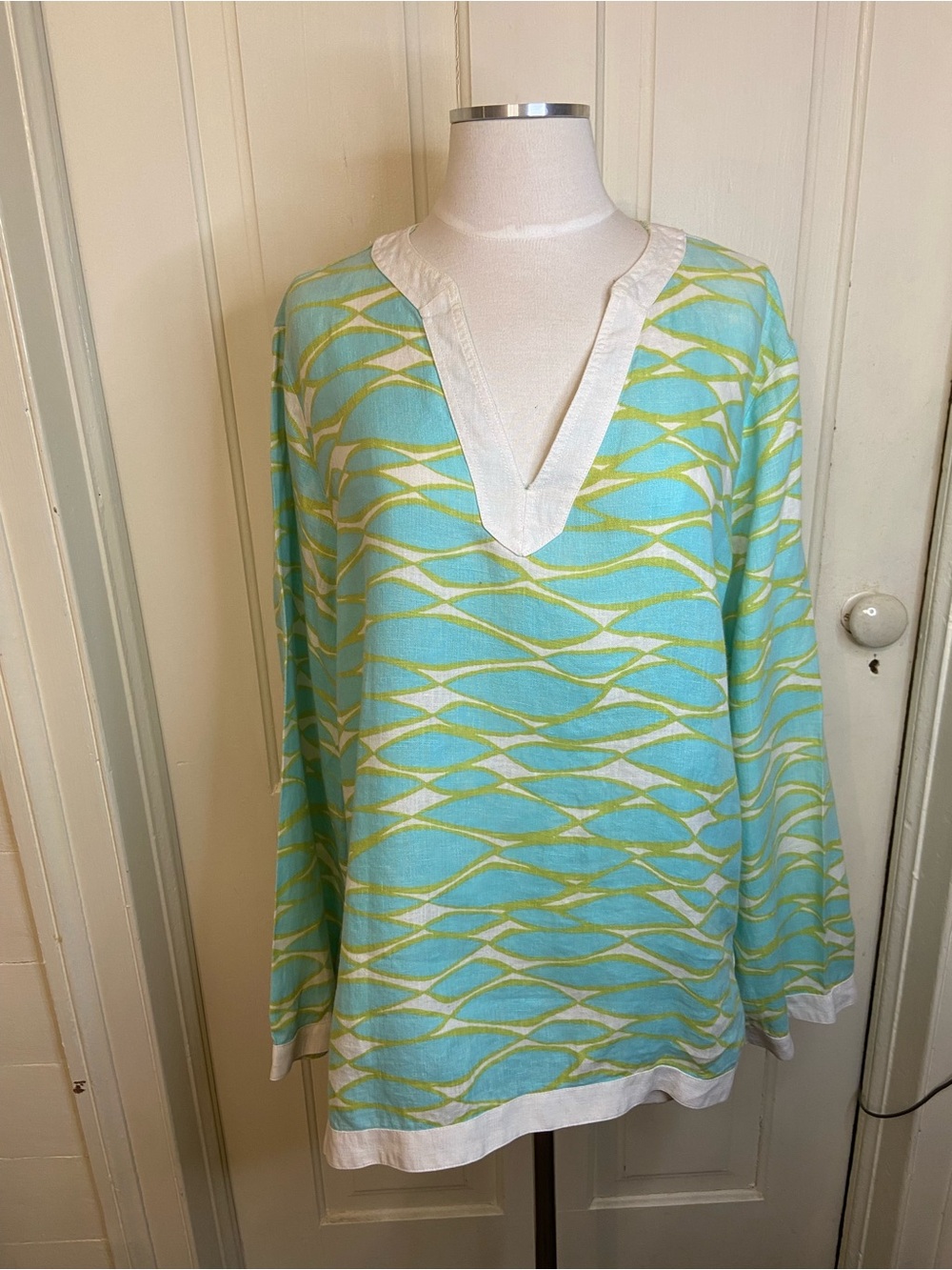 Women’s Aqua & Lime Patterned Tunic Lands End size 14-16 100% linen